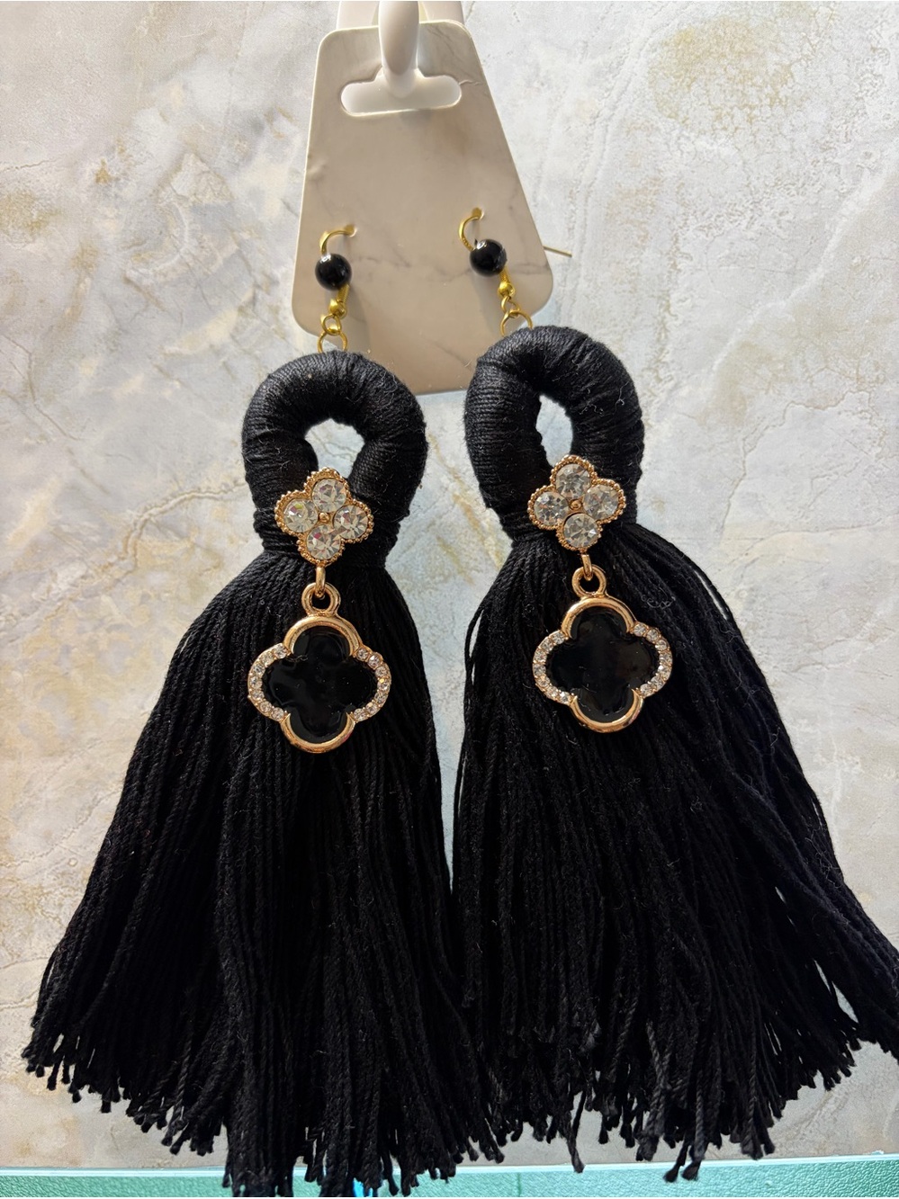 Black Tassel Drop Earrings with Crystal Clover Accent